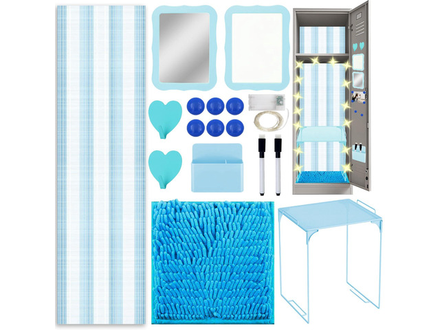 16 Pcs Locker Accessories Kit Blue Locker Organizer Decorations Include Striped Wallpaper String Light Magnetic Whiteboard Mirror Storage Cup...