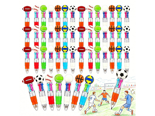 48 Packs Sports Multicolor Pen in One, Fun Pens for Kids Prize Gifts for Classroom, Smooth Writing, Retractable Design for Back to School Supplies...