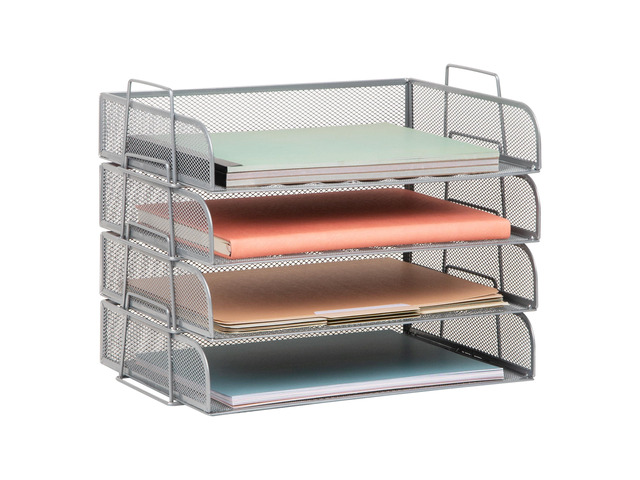 Stackable Paper Tray, Desktop Organizer, File Storage, Office, Metal Mesh, 4 Pcs., Silver