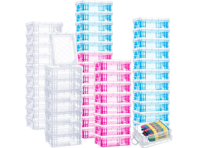 50 Pcs Plastic Crayon Box with Lid 4.8 x 3.4 x 1.6, Clear,Red,Blue Small Crayon Storage Containers Bulk, for Office School Classroom, Art Crafts...