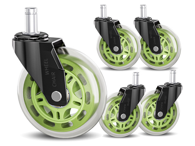 Office Chair Caster Wheels Replacement 3 Inch Roller Blade, Set of 5 Green Heavy Duty Quiet No Scratch Rubber Gaming Chair Wheel for Hardwood Floor...