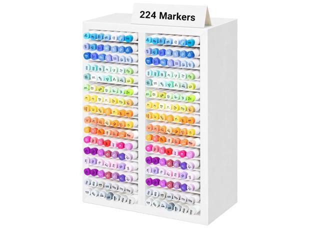 Marker Organizer for 224 Markers, Wooden Alcohol Marker Holder with 32 Compartments, Horizontal Art Pen and Pencil Storage Rack for Desk, Classroom...