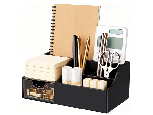 Acrylic Desk Organizer with Drawer, Pen & Pencil Holder, Multifunctional Desktop Caddy for Office Supply and Organization (Black)