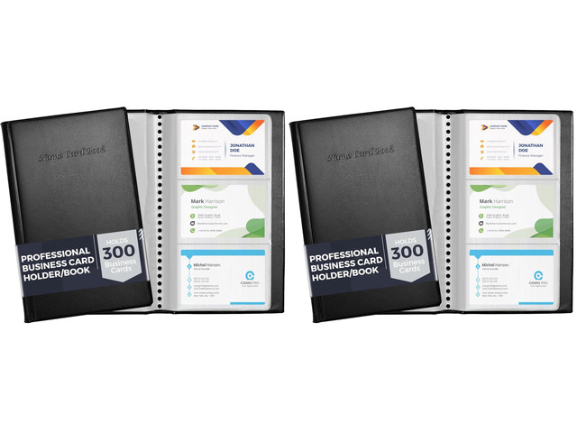 Professional Business Card Holder/Book with Black Cover, Holds 300 Business Cards (Pack of 2)