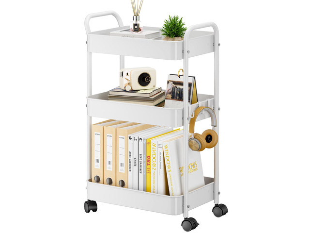 3-Tier Metal Rolling Cart Utility Carts with Wheels White Multifunction Storage Craft Art Cart Organizer for Bedroom, Kitchen, Laundry, Office,...