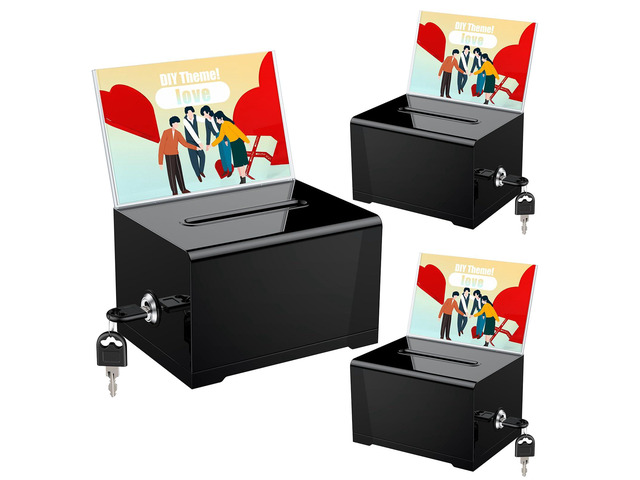 3 Pack 6.2' x 4.7' x 4' Black Acrylic Donation Box with Lock Slot Plastic storage container equipped with sign holder, great for fundraising,...