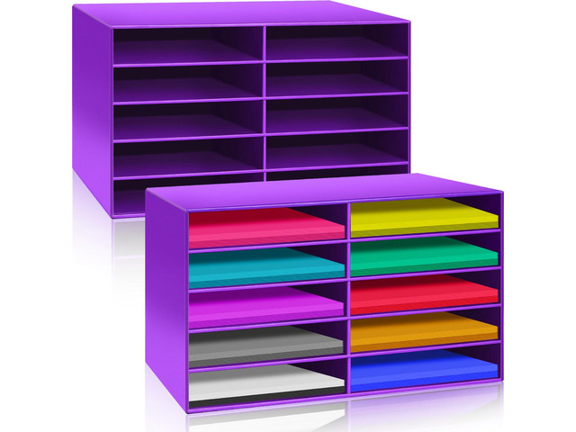 2 Pcs Construction Paper Storage, 10 Slots, Purple Classroom Mailboxe, Back to School Literature Sorter, Sturdy Cardboard Paper Organizer for...