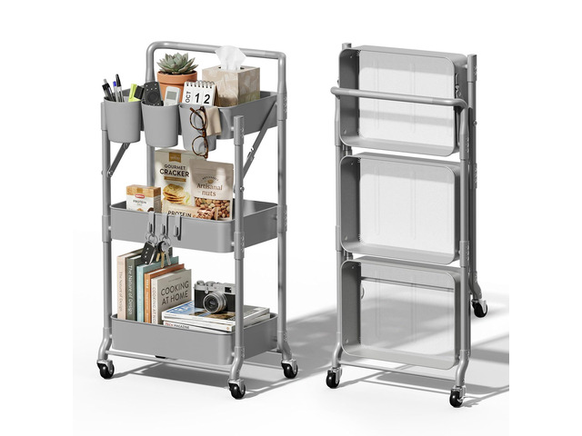 Foldable 3 Tier Rolling Cart, Metal Utility Cart with Wheels Collapsible Rolling Storage Cart with 3 Hanging Cups, Folding Storage Trolley...