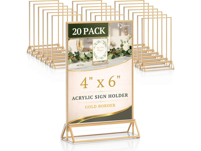 Acrylic Sign Holder 4x6, 20 Pack Double-Sided Gold Tabletop Frame Double-Sided Gold Acrylic Sign Holder and Table Number Frames for Menus, Flyers,...