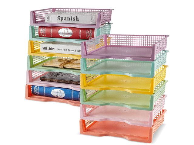 12 Pack Plastic Turn in Paper Trays for Classroom Pastel Storage Bin Basket Organizers for School Teacher Supplies Classroom Office Home...