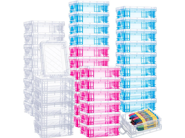 40 Pcs Plastic Crayon Boxes, Clear, Red, Blue Holds 24 Crayons, with Snap Lid Container, Clear Stackable Case, for School Office Classroom...