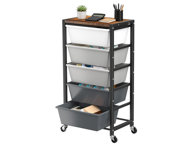 Rolling Cart with 5 Drawers, Plastic Drawer Storage Carts with Wheels & Wooden Tabletop, Metal Utility Cart for Office Bedroom Living Room...