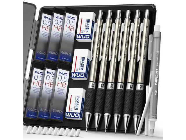 0.5 mm Mechanical Pencil Set with Eraser Pen Storage Case, 6 PCS Metal Drafting Pencils, 360 HB Lead Refills, 3x4B Erasers, 12 Eraser Refills for...