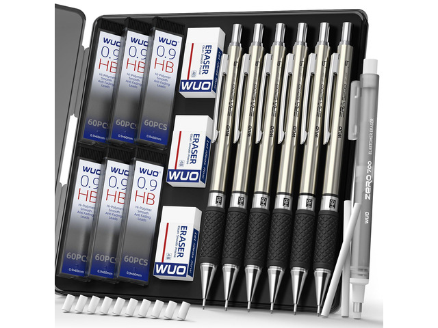 0.9 mm Mechanical Pencil Set with Eraser Pen Storage Case, 6 PCS Metal Drafting Pencils, 360 HB Lead Refills, 3x4B Erasers, 12 Eraser Refills for...