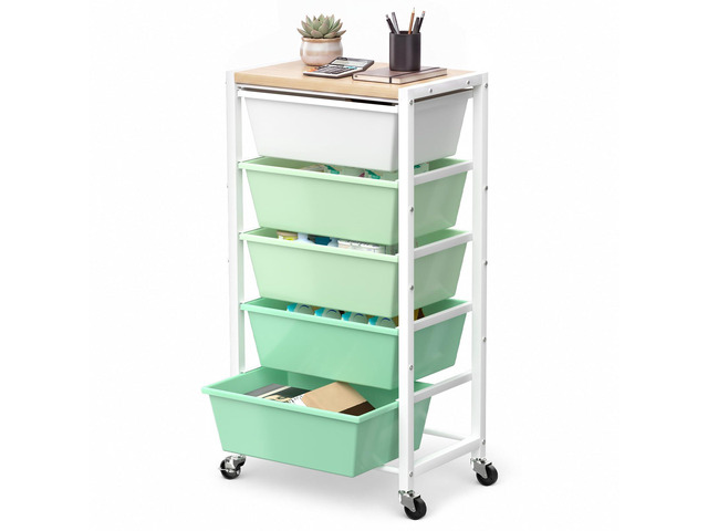 Rolling Cart with 5 Drawers, Plastic Drawer Storage Carts with Wheels & Wooden Tabletop, Metal Utility Cart for Office Bedroom Living Room...