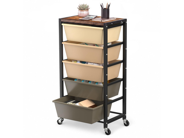 Rolling Cart with 5 Drawers, Plastic Drawer Storage Carts with Wheels & Wooden Tabletop, Metal Utility Cart for Office Bedroom Living Room...