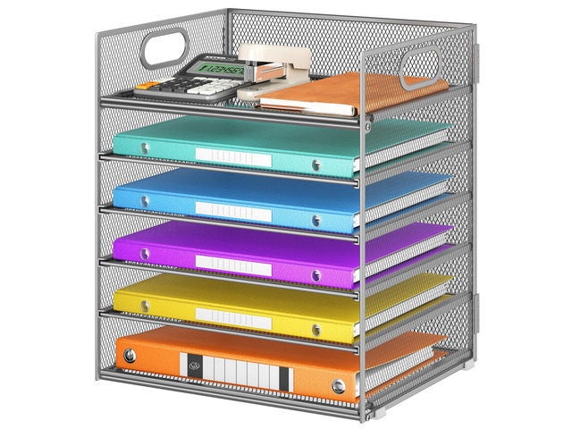 6 Tray Paper Organizer Letter Tray with Handle - Mesh Desk File Folder Holder, Paper Sorter for Office, Home or School - Silver