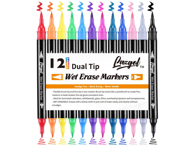 Wet Erase Markers Dual Tip, 12 Assorted Colors, Dual Tip Brush & Fine Overhead Transparency Smudge Free Markers for Dry Erase Whiteboard,...