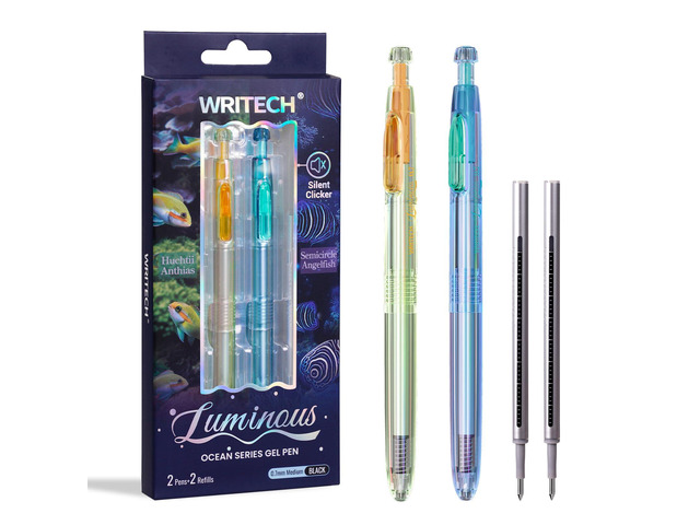 Gel Pens Medium Point: Luminous pen set 0.7mm Black Ink Includes 2 Pens and 2 Refills Silent Clicker Smooth Writing for School Office & Everyday Use
