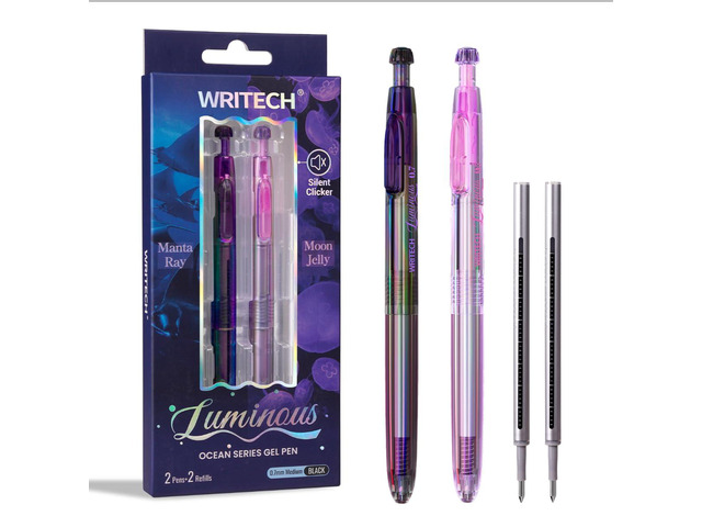 Gel Pens Medium Point: Luminous pen set 0.7mm, Black Ink, Includes 2 Pens and 2 Refills, Silent Clicker, Smooth Writing for School Office &...