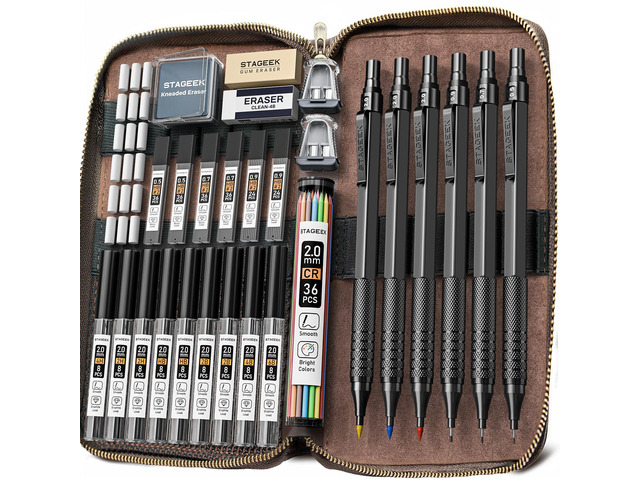 30Pcs Black Metal Mechanical Pencil Set with Leather Case 6PCS Art Drafting Pencils, 0.5, 0.7, 0.9, 2.0MM Mechanical Drawing Pencils with...