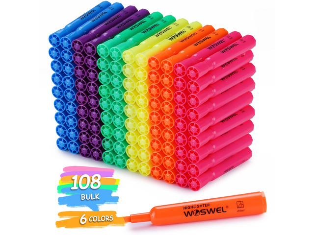 Highlighters Bulk, 108 Pack Tank Style Highlighters Assorted Fluorescent Colors Set, 6 Bright Colors Chisel Tip Highlighter Markers for Coloring,...
