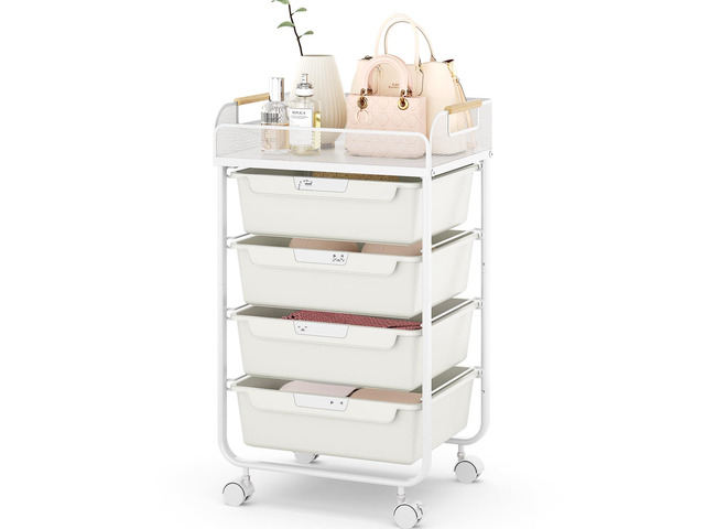 4-Drawer Rolling Storage Cart with Mesh Top,White Utility Craft Organizer Cart on Wheels with 4 DIY Labels, Rolling Drawer Cart for Home Office...