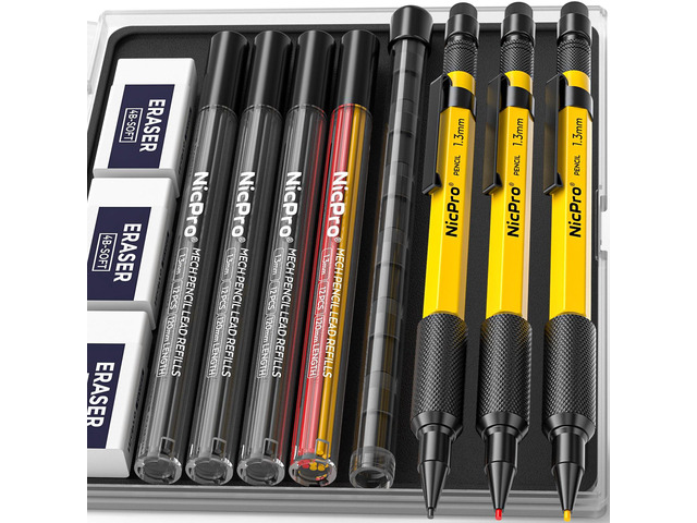 3 PCS 1.3 mm Mechanical Pencil Set with 48 Lead Refills, 3 Eraser MP2000 Weatherproof Metal Barrel, Heavy Duty Carpenter Pencils for Outdoor...