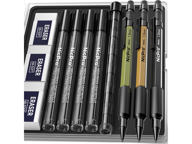 3 PCS 1.3 mm Mechanical Pencil Set with 48 Lead Refill, 3 Eraser MP2000 3 Color Weatherproof Metal Barrel, Heavy Duty Carpenter Pencil for Outdoor...