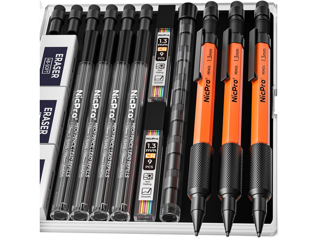3 PCS 1.3 mm Mechanical Pencils Set with 66 Lead Refill, 3 Eraser MP2000 Orange Weatherproof Metal Barrel, Heavy Duty Carpenter Pencil for Outdoor...