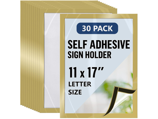 30 Pack Magnetic Sign Holder 11 x 17 with Adhesive Back - Gold Magnetics Poster Frame & Magnetic Paper Holder - Reusable Adhesive Frames 11x17 -...