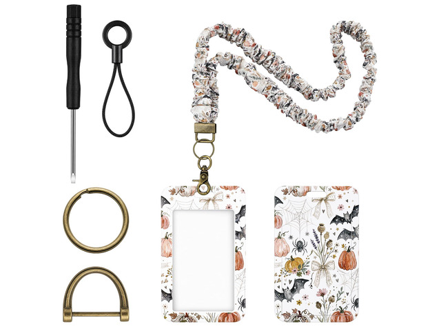 Scrunchie Teacher Lanyards with ID Badge Holder,Halloween Retractable Stretchy Scrunchie Lanyard,Breakaway Keychain Accessories,Hand-free Access...