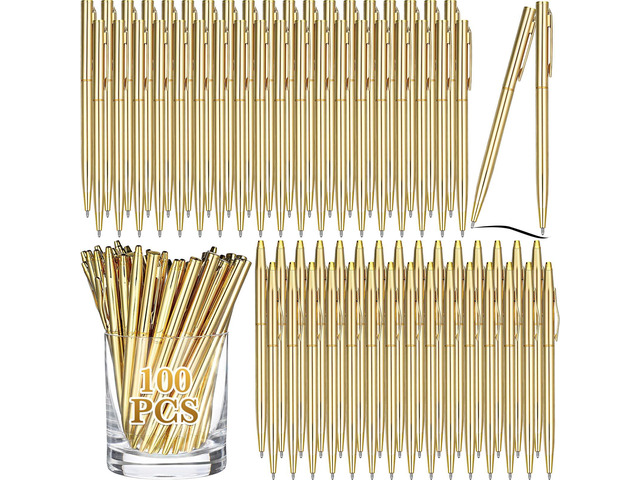 100 Pack Gold Pens Bulk Metal Slim Ballpoint Retractable Black Ink 1.0 mm Ballpoint, Writing at Wedding Guest Book, Business Office Supplies,...
