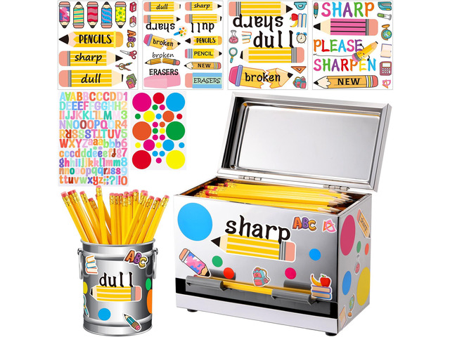 8 Pcs Pencil Dispenser for Classroom Stainless Steel, Silver Sharp Dull Pencil Holder Classroom, Letter Stickers, Metal Desk Organizer, Back to...