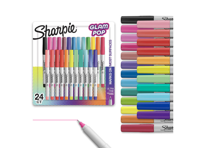 Glam Pop Permanent Markers, Ultra Fine Tip Set, Coloring and Drawing, Resilient Ink, Assorted Colors, 24 Count