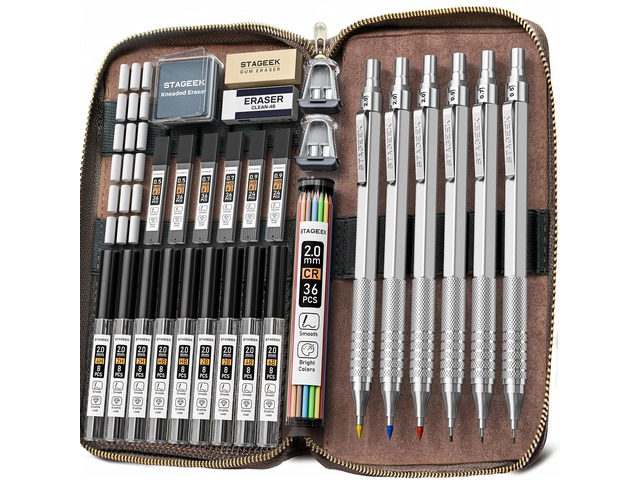 30Pcs Silver Metal Mechanical Pencil Set with Leather Case 6PCS Art Drafting Pencils, 0.5, 0.7, 0.9, 2.0MM Mechanical Drawing Pencils, with...