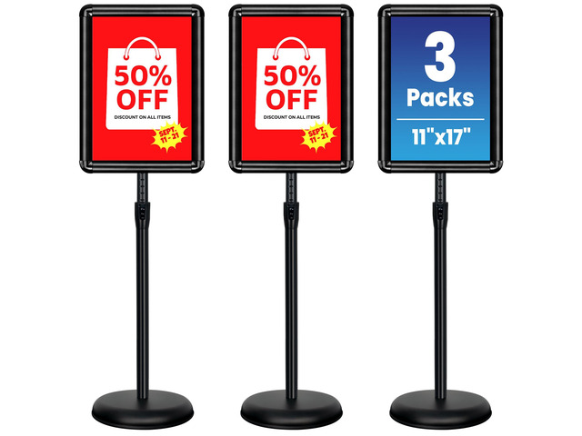 3Pack 11x17 Sign Holder Stand, Adjustable Floor Standing Sign Holder Pedestal Poster Stand, Adjustable Height, Vertical/Horizontal Snap-Open Frame,...