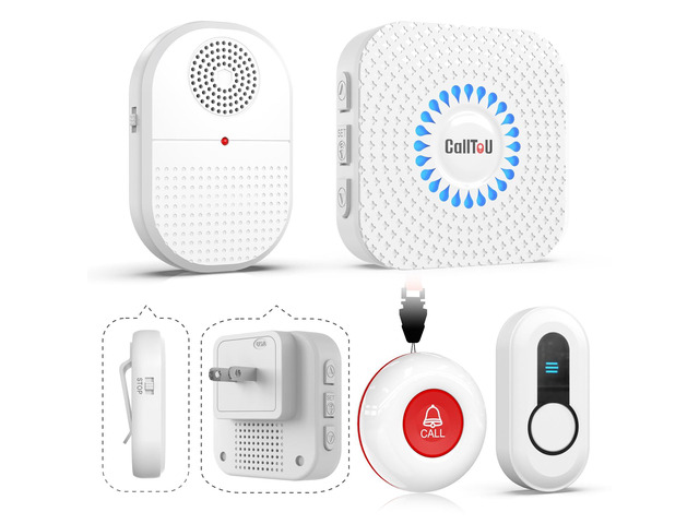 Wireless Caregiver Pager, 2 Call Buttons for Elderly at Home Pendant & Stick-On Emergency Help; Portable Vibration Receiver; Outlet Sound/Flash...
