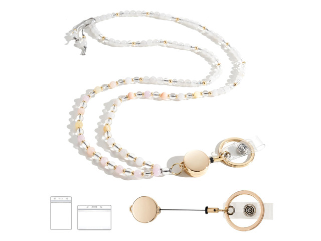 Natural Stone Beaded Lanyards for ID Badges and Keys, Morganite Teacher lanyard for women, 0.8mm double-strand 6-braided cord, 10+ in retractable...