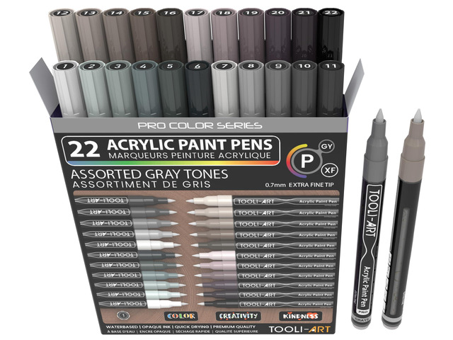 Acrylic Paint Pens 22 Gray Tones Assorted Pro Color Series Markers Set 0.7mm Extra Fine Tip for Rock Painting, Glass, Mugs, Wood, Metal, Canvas,...