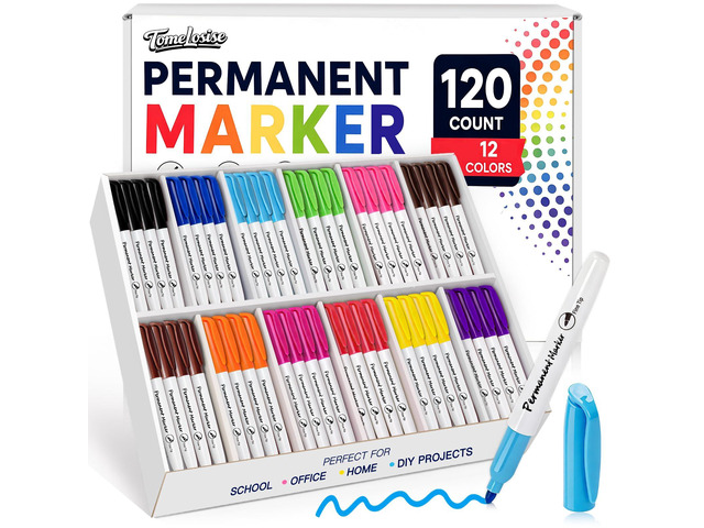 Permanent Markers Bulk, 120 Pack Fine Point Markers in 12 Assorted Colors Quick Dry Waterproof Markers for Plastic, Glass, Wood & Metal, Back to...