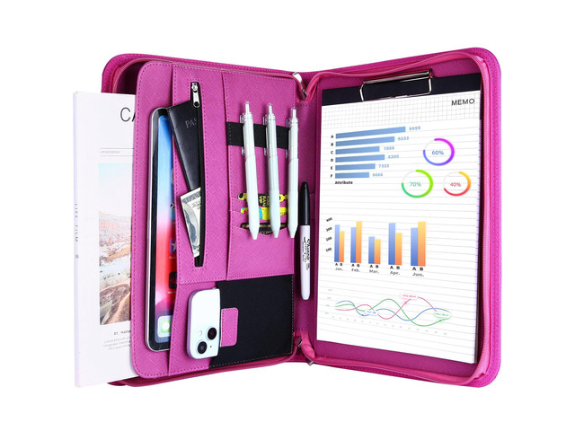 Portfolio Business Padfolio Folder with Zipper -Magenta Conference Meeting Executive File Legal Document Organizer with Pockets Letter Size A10...