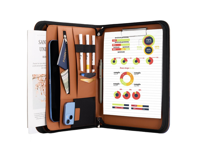 Portfolio Business Padfolio Folder with Zipper -Tan Conference Meeting Executive File Legal Document Organizer with Pockets Letter Size A11 Writing...