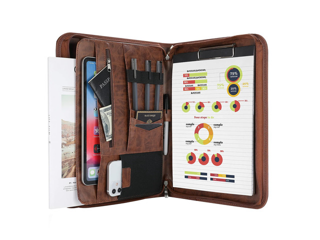 Portfolio Business Padfolio Folder with Zipper -Brown Conference Meeting Executive File Legal Document Organizer with Pockets Letter Size A6...