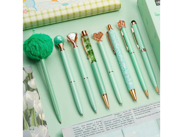 8Pcs Green Pens, Metal Crystal Diamond Pens with Black & Blue Ink Cute Fancy Pens for Journaling, Office Supplies, Gifts for Women Girls, Birthday...