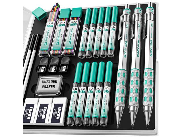 3 Pack Blocky Gear 2.0 mm Metal Mechanical Pencils Set with Case Drafting Pencil with 13 Tubes 2mm Lead Refills (HB 2B 2H 4B 4H 6B & Colors),...