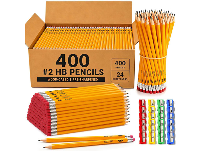Pre-Sharpened Pencils Bulk Wood-Cased #2 HB Pencils 400 Count 24 Sharpeners Pencils Bulk, Classroom Use, Back to School Supplies, Writing Drawing...