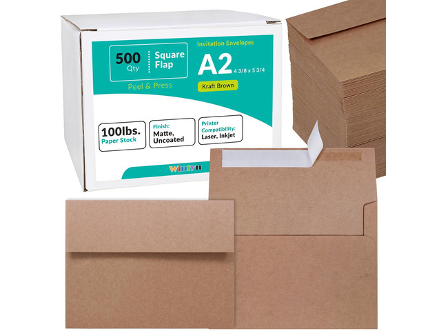 500 Pcs A2 Invitation Envelopes in Kraft Brown Peel & Press Self Seal 4 3/8 x 5 3/4 Square Flap Envelopes RSVP Return Envelopes 100lb. for...