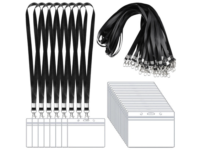 50 Pack Name Tag Lanyards with ID Holders, Black, Horizontal Badge Holder Polyester lanyards, clear waterproof holders, 17.7 in strap, fits cards...