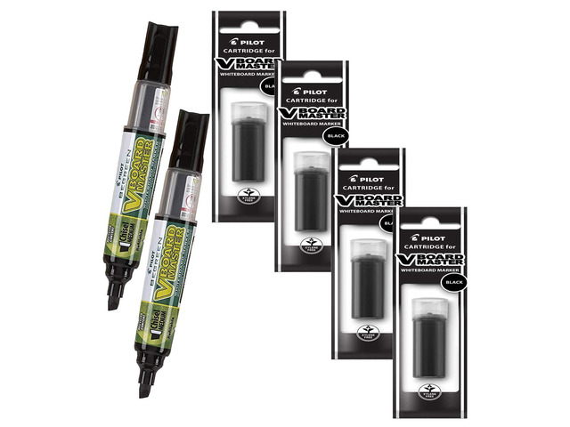 Refillable Dry Erase Markers, Pilot, 2 Black Ink Chisel Tip Markers with 4 Refills, P1a439146p